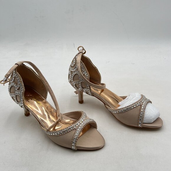XYD Champagne Peep Toe D'Orsay Kitten Heel Rhinestone Studs Ankle Strap Sandal - Picture 4 of 8